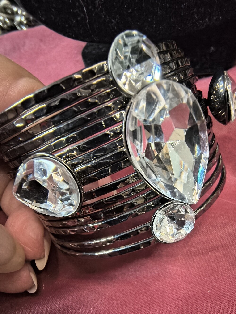 Gunmetal Multi Band Cuff Bracelet Clear Faceted Glass Crystal Hammered Cuff